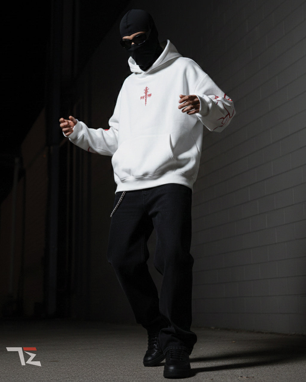 FEAR: Crimson Rite Oversized Hoodie – White Gothic Streetwear