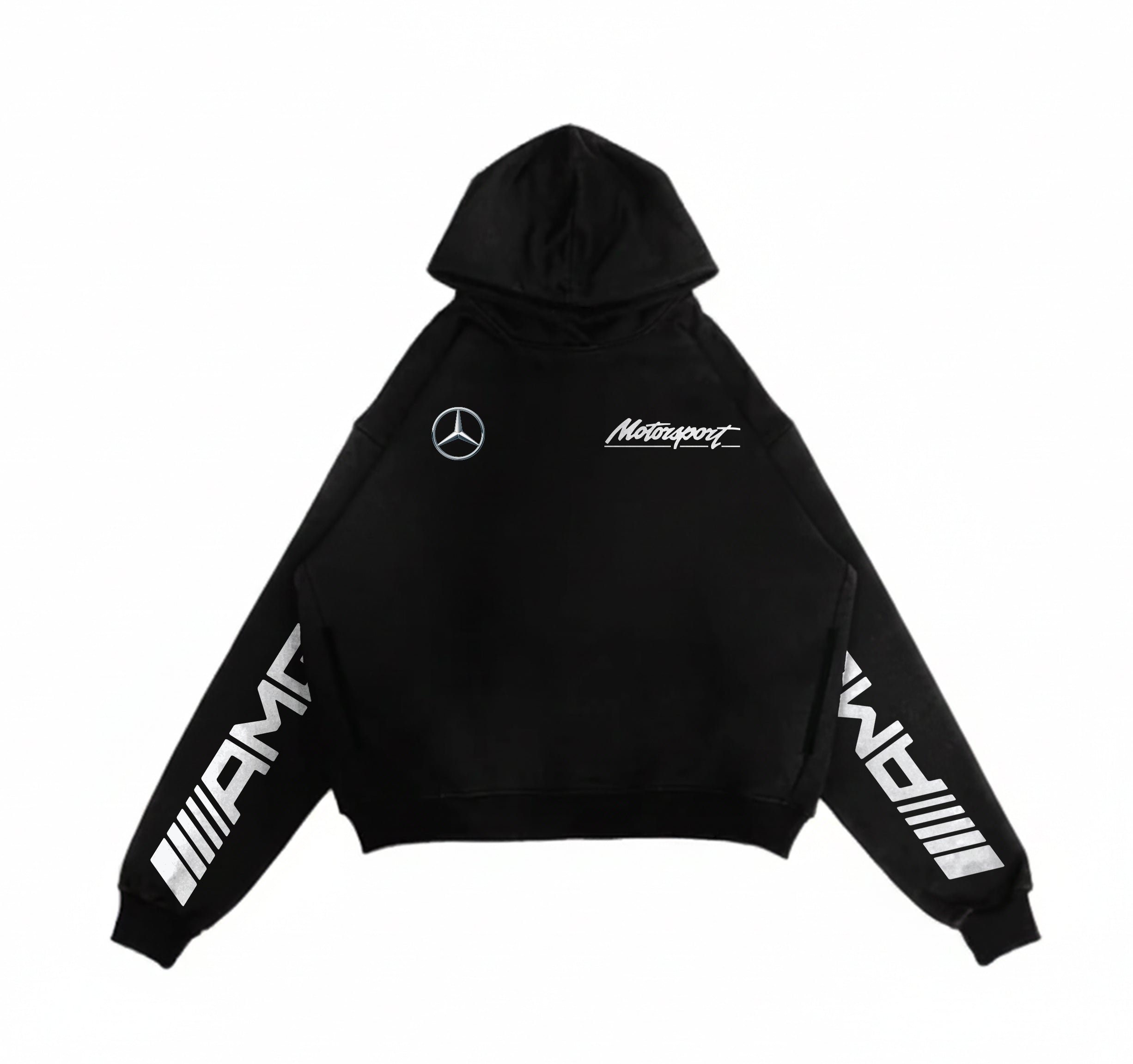 Front view of black Mercedes-AMG oversized hoodie with Motorsport chest script.