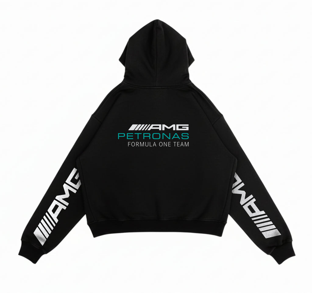 Back of Mercedes-AMG Petronas hoodie showing Formula One Team logo and teal text.