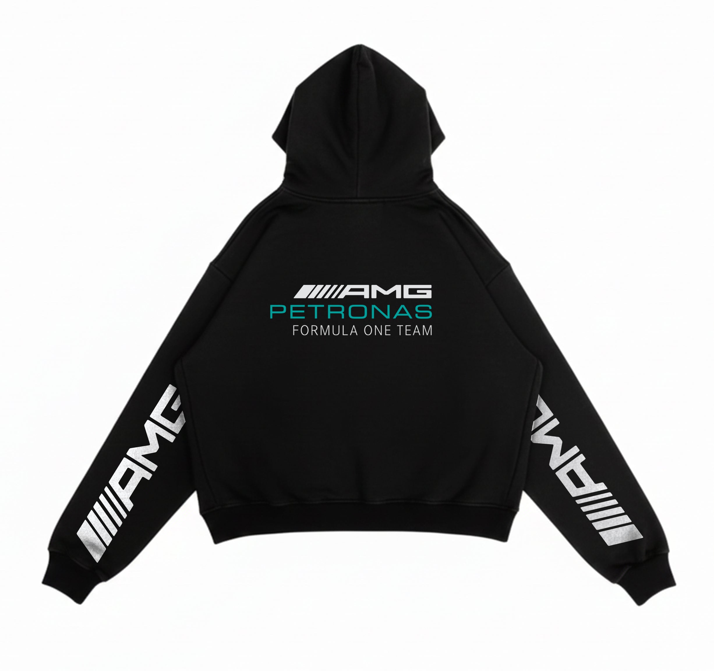 Back of Mercedes-AMG Petronas hoodie showing Formula One Team logo and teal text.