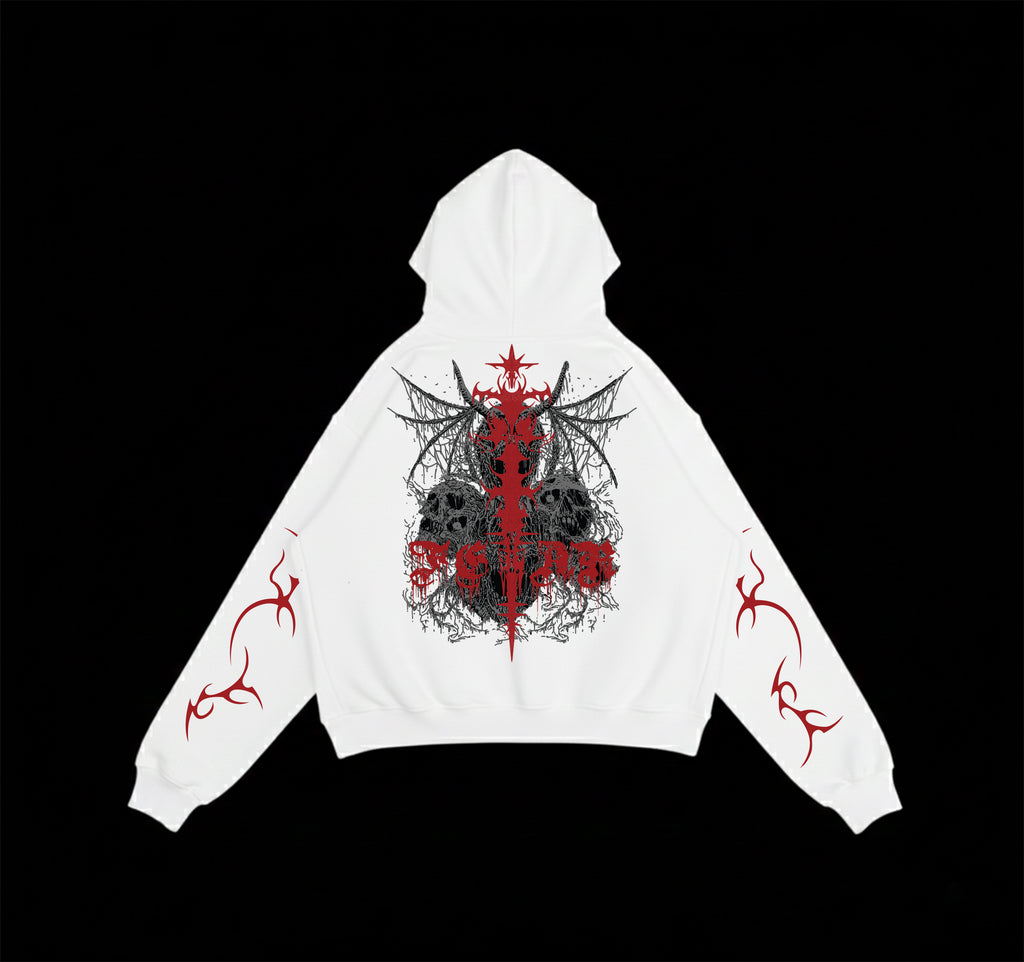 FEAR: Crimson Rite Oversized Hoodie – White Gothic Streetwear
