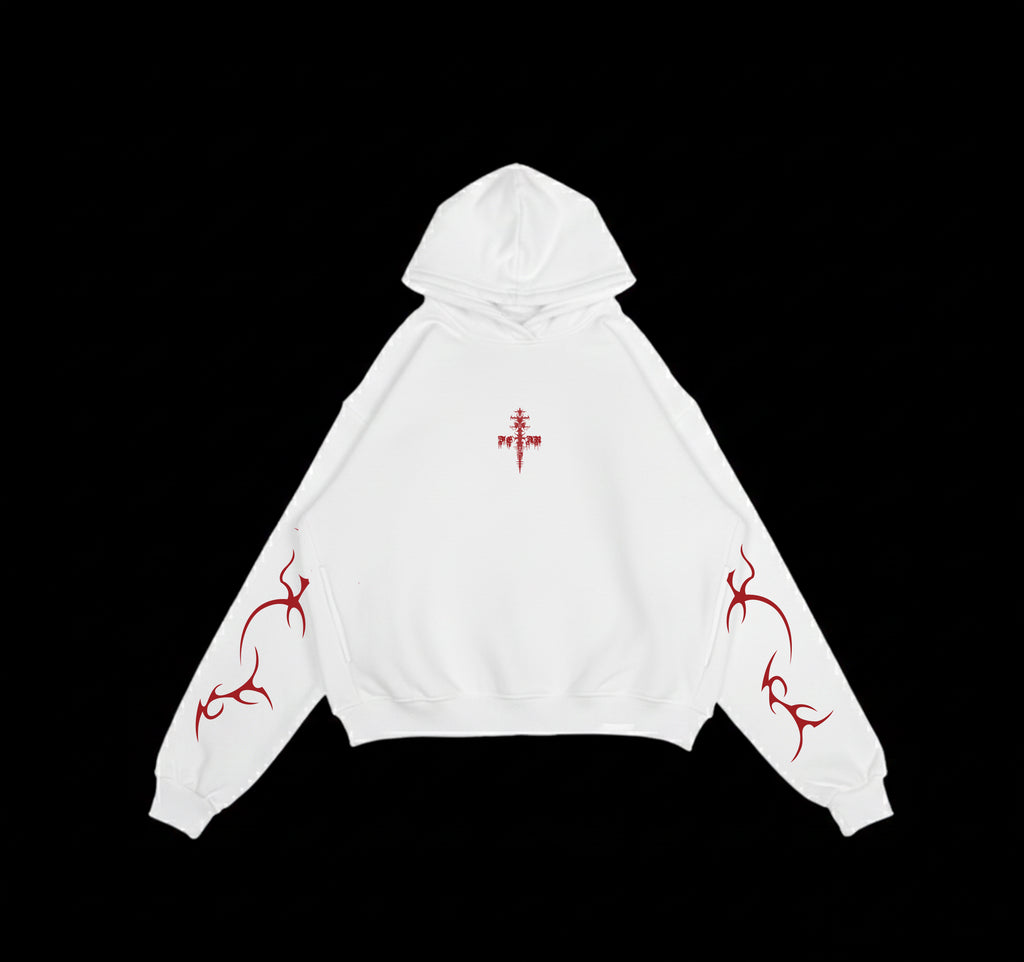 FEAR: Crimson Rite Oversized Hoodie – White Gothic Streetwear