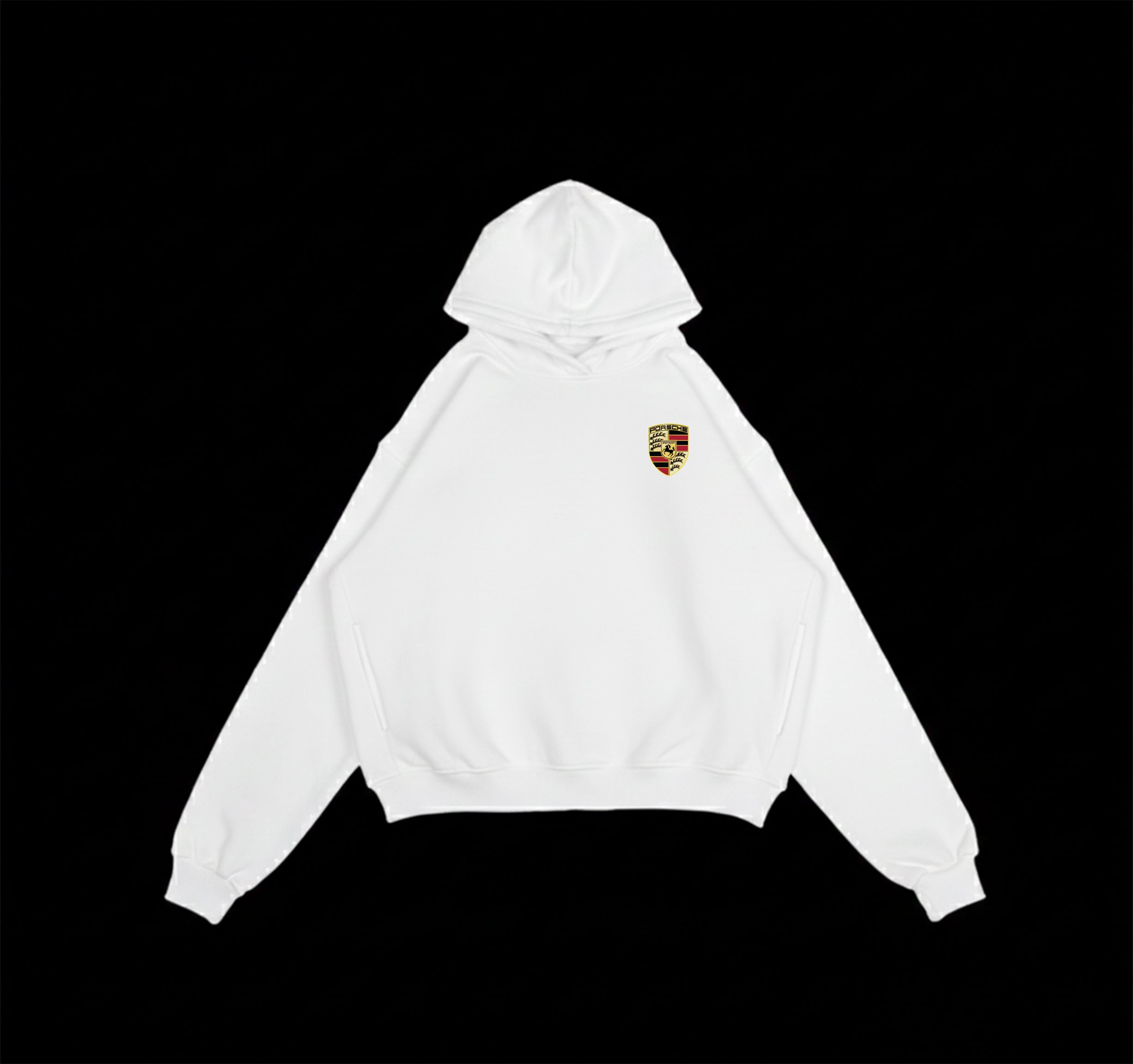 White oversized Porsche 911 GT3 RS hoodie with minimal crest logo on front