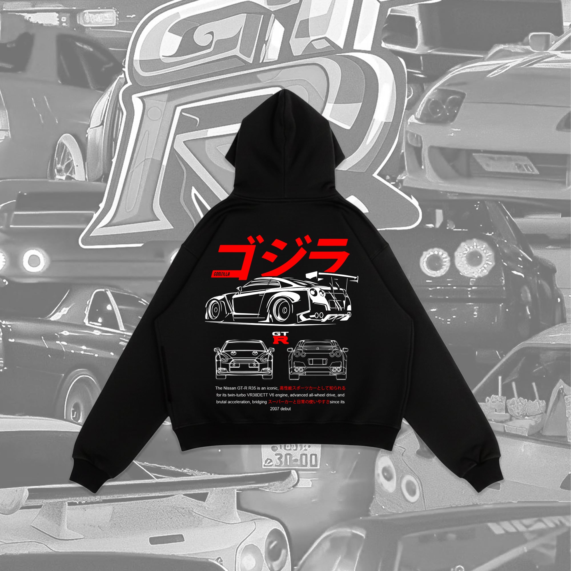 Nissan GT-R R35 Godzilla hoodie back print flat lay, JDM car graphic hoodie, black streetwear product image with technical specs.