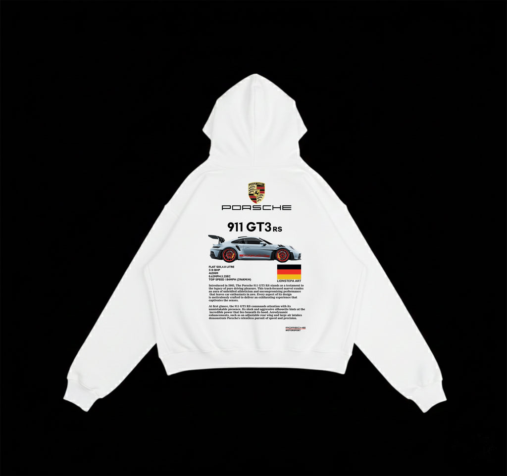 White oversized Porsche 911 GT3 RS hoodie with detailed spec sheet graphic on back