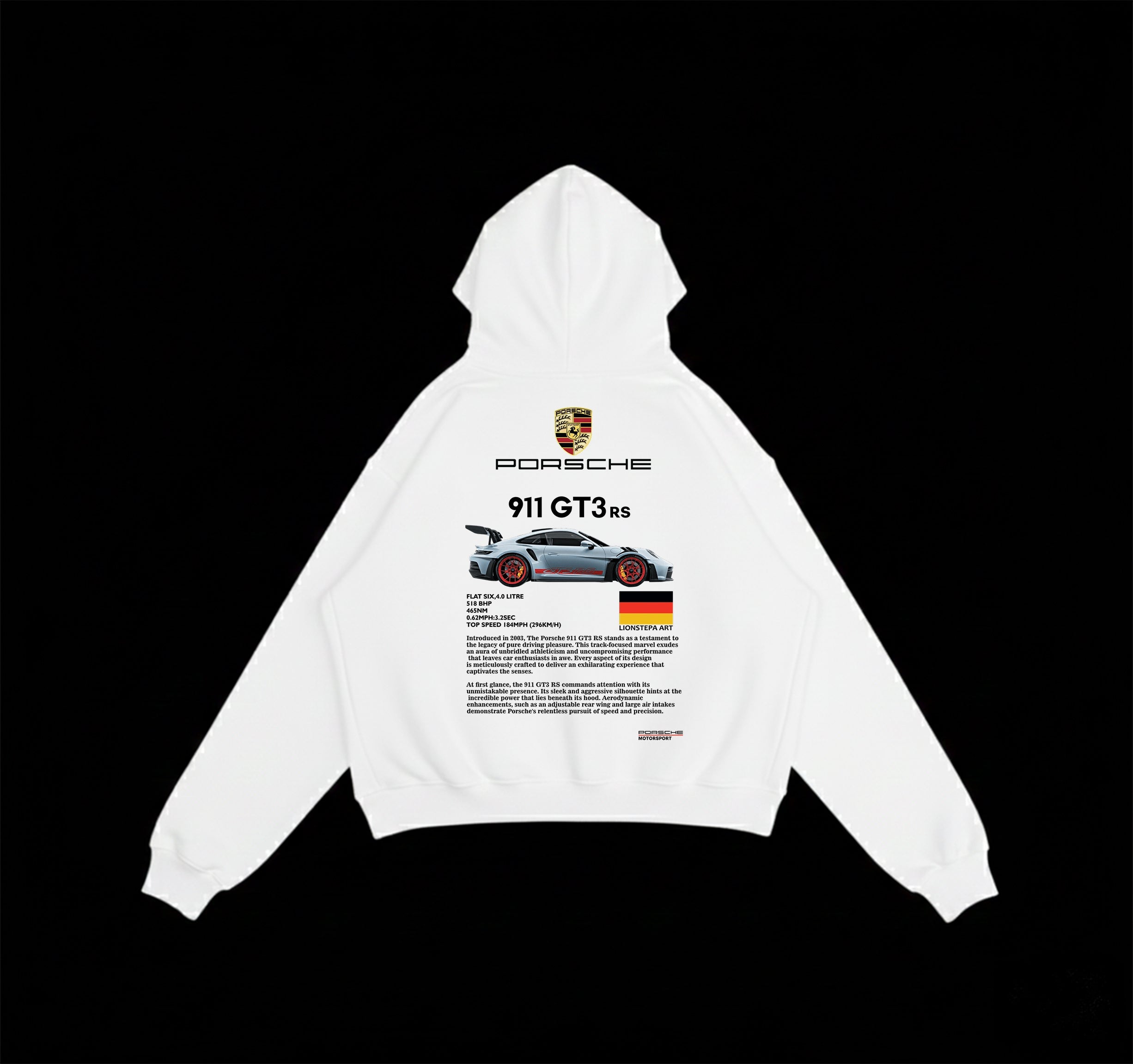 White oversized Porsche 911 GT3 RS hoodie with detailed spec sheet graphic on back