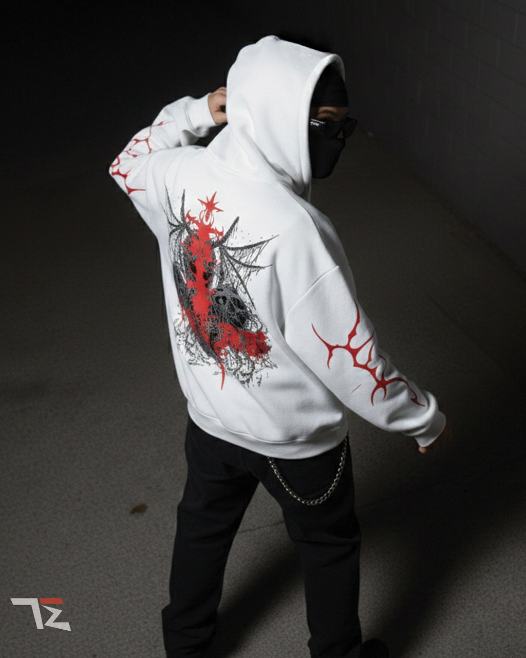 FEAR: Crimson Rite Oversized Hoodie – White Gothic Streetwear