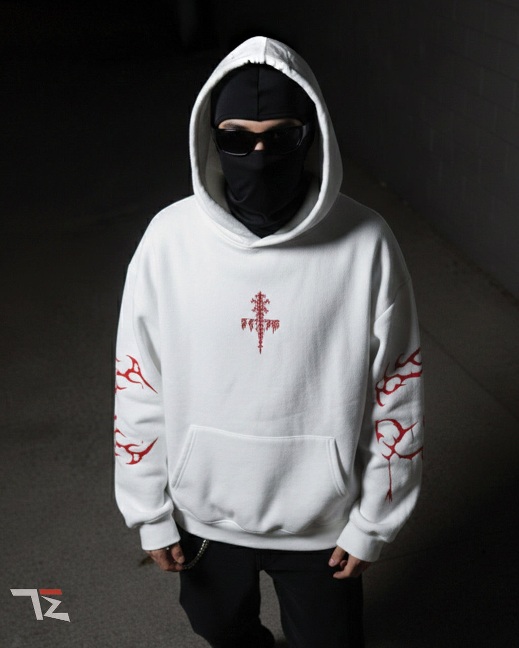 FEAR: Crimson Rite Oversized Hoodie – White Gothic Streetwear