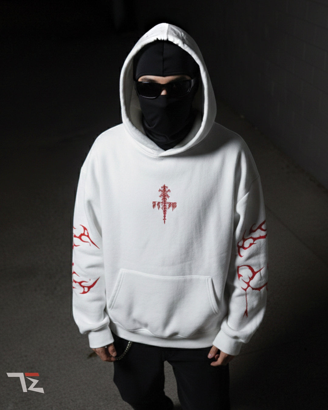 FEAR: Crimson Rite Oversized Hoodie – White Gothic Streetwear